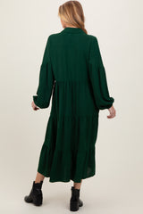 Forest Green Tiered Button Down Long Sleeve Maternity Maxi Dress