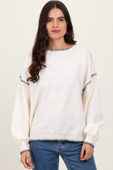 Ivory Top Stitch Detail Drop Shoulder Sweater