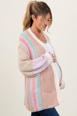 Beige Colorblock Stripe Knit Open Maternity Cardigan