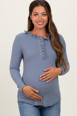 Blue Ruffle Collar Micro Waffle Knit Maternity Henley Top