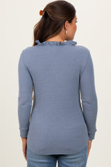 Blue Ruffle Collar Micro Waffle Knit Maternity Henley Top