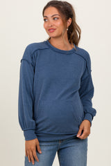 Navy Ribbed Knit Front Pocket Maternity Pullover