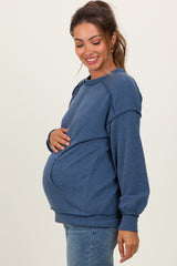 Navy Ribbed Knit Front Pocket Maternity Pullover