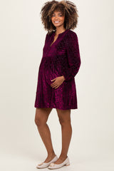 Burgundy Velvet Damask Print Long Sleeve Maternity Mini Dress