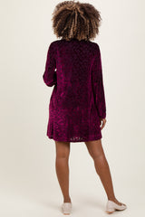 Burgundy Velvet Damask Print Long Sleeve Maternity Mini Dress