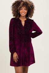 Burgundy Velvet Damask Print Long Sleeve Maternity Mini Dress