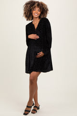 Black Velvet Damask Print Long Sleeve Maternity Mini Dress