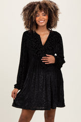 Black Velvet Damask Print Long Sleeve Maternity Mini Dress