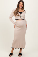 Cream Contrast Bow Ribbed Knit Crop Top And Midi Skirt Maternity Set