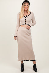 Cream Contrast Bow Ribbed Knit Crop Top And Midi Skirt Set