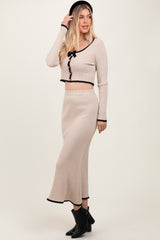 Cream Contrast Bow Ribbed Knit Crop Top And Midi Skirt Set