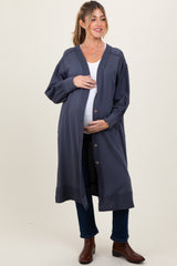 Navy Button Down Long Maternity Cardigan