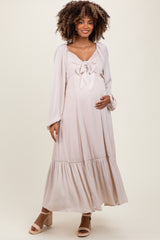 Beige Bow Satin Maternity Maxi Dress