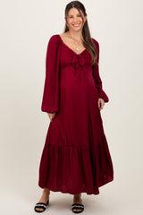 Burgundy Bow Satin Maternity Maxi Dress