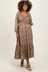 Mocha Raglan Sleeve Floral Button Maternity Maxi Dress