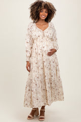 Cream Raglan Sleeve Floral Button Maternity Maxi Dress