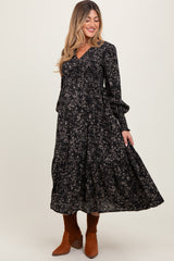 Black Floral Button Maternity Maxi Dress