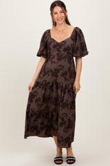 Taupe Floral Bubble Sleeve Tiered Maternity Maxi Dress