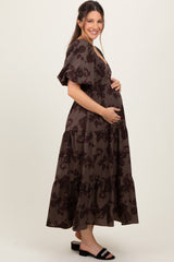 Taupe Floral Bubble Sleeve Tiered Maternity Maxi Dress