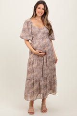 Light Taupe Watercolor Floral Puff Sleeve Tiered Maternity Maxi Dress