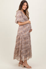 Light Taupe Watercolor Floral Puff Sleeve Tiered Maternity Maxi Dress