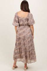 Light Taupe Watercolor Floral Puff Sleeve Tiered Maternity Maxi Dress