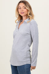 Heather Grey Ribbed Collared Long Sleeve Top