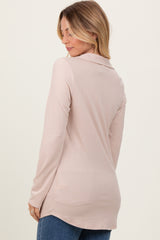 Beige Ribbed Collared Long Sleeve Top