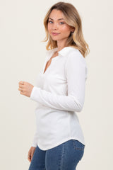 Ivory Ribbed Collared Long Sleeve Top