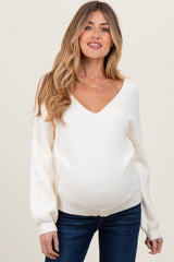 Ivory V-Neck Drop Shoulder Back Bow Tie Maternity Sweater