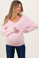 Light Pink V-Neck Drop Shoulder Back Bow Tie Maternity Sweater