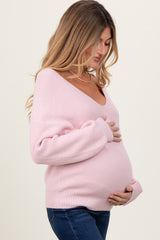 Light Pink V-Neck Drop Shoulder Back Bow Tie Maternity Sweater