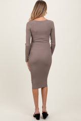 Taupe Ribbed Fitted Button Long Sleeve Maternity Dress