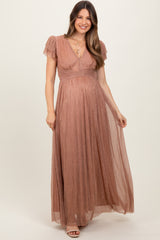 Gold Metallic Plisse Flutter Sleeve Maternity Maxi Dress