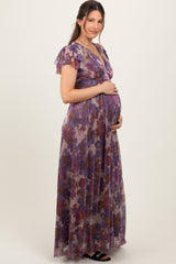 Violet Floral Metallic Flutter Sleeve Maternity Maxi Dress