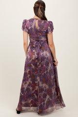 Violet Floral Metallic Flutter Sleeve Maternity Maxi Dress