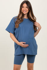 Blue Biker Shorts Maternity Set