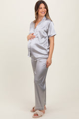 Silver Satin Contrast Trim Maternity Pajama Set