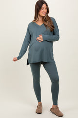 Light Olive Brushed Knit Maternity Oversized Top and Legging Set