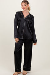 Black Satin Contrast Trim Long Sleeve Pajama Set