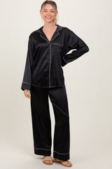 Black Satin Contrast Trim Long Sleeve Pajama Set