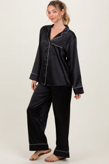 Black Satin Contrast Trim Long Sleeve Pajama Set