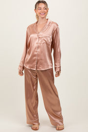 Gold Satin Contrast Trim Long Sleeve Pajama Set