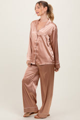 Gold Satin Contrast Trim Long Sleeve Pajama Set