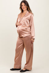 Gold Satin Contrast Trim Long Sleeve Maternity Pajama Set