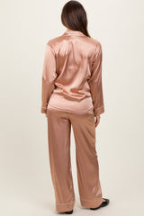 Gold Satin Contrast Trim Long Sleeve Maternity Pajama Set