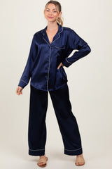 Navy Satin Contrast Trim Long Sleeve Maternity Pajama Set