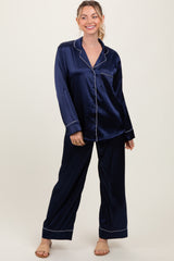 Navy Satin Contrast Trim Long Sleeve Pajama Set