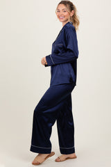 Navy Satin Contrast Trim Long Sleeve Pajama Set