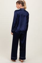 Navy Satin Contrast Trim Long Sleeve Pajama Set